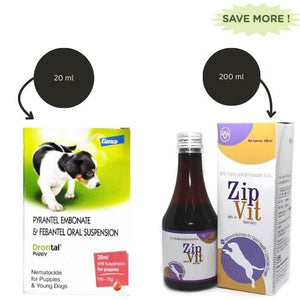 Bayer Drontal Puppy Deworming Suspension 20ml and Intas Zipvit Multi Vitamin Supplement for Dogs and Cats (200ml) Combo