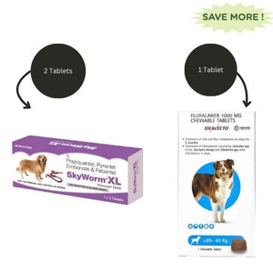 Skyec Skyworm XL Dog Deworming Tablet (2 tablets) and MSD Animal Health Bravecto Dog Tick & Flea Control Tablet (20-40kg) (1 tablet) Combo
