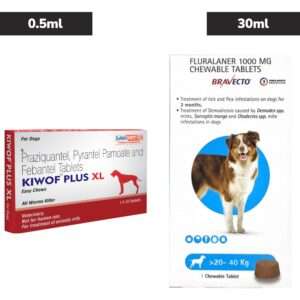 Savavet Kiwof Plus XL Deworming Tablet (10 tablets) and MSD Animal Health Bravecto (Fluralaner) Tick & Flea Control Tablet (1 tablet) (20 to 40 kg) for Dogs Combo