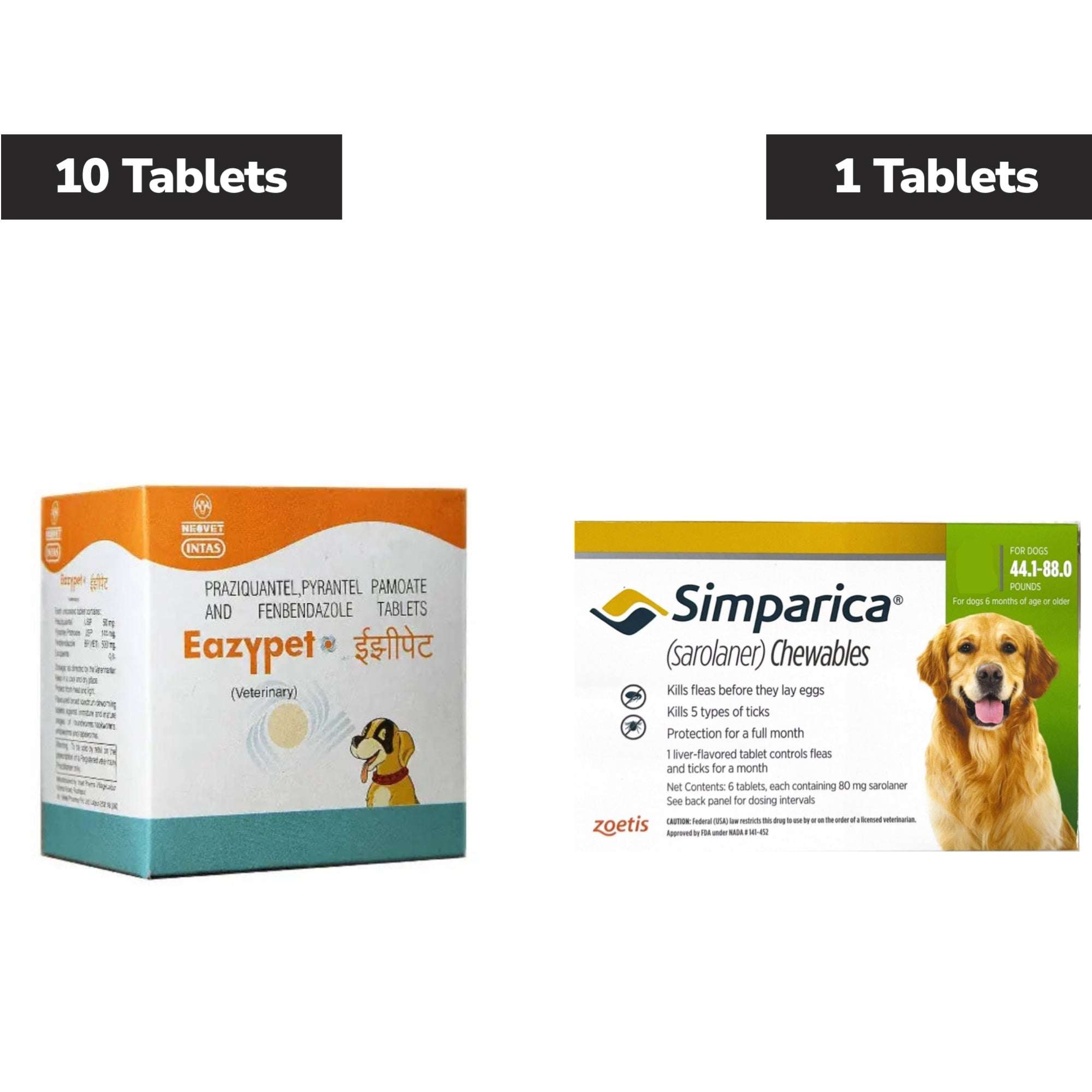 Intas Eazypet Deworming Tablet (10 Tabs) and Zoetis Simparica Tick & Flea Control Tablet for Dogs 20 to 40 kg (1 Tablet) Combo