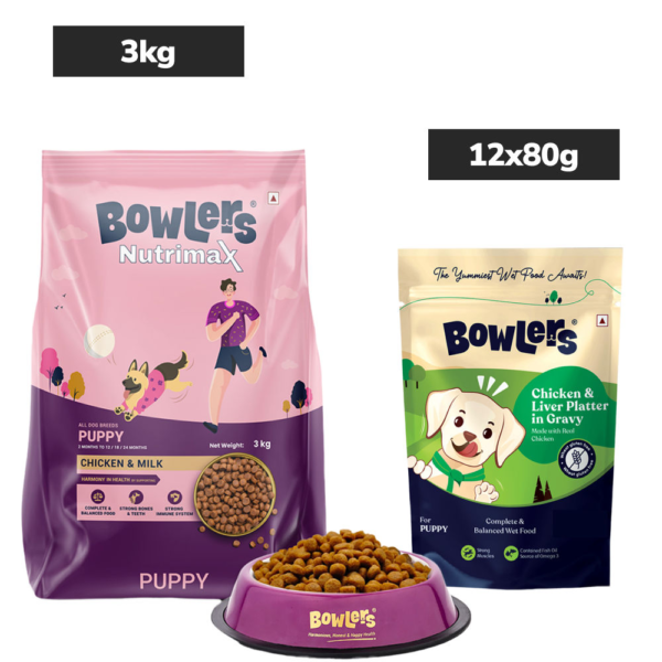 Bowlers Chicken & Milk Nutrimax Puppy Dog Dry and Chicken & Liver Recipe in Gravy Puppy Dog Wet Food Combo