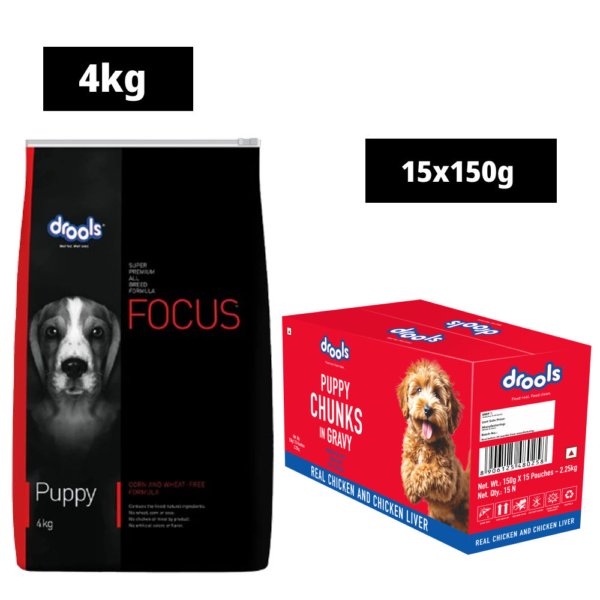 Drools Focus Super Premium Dry Food and Chicken & Chicken Liver Chunks in Gravy Puppy Dog Wet Food Combo