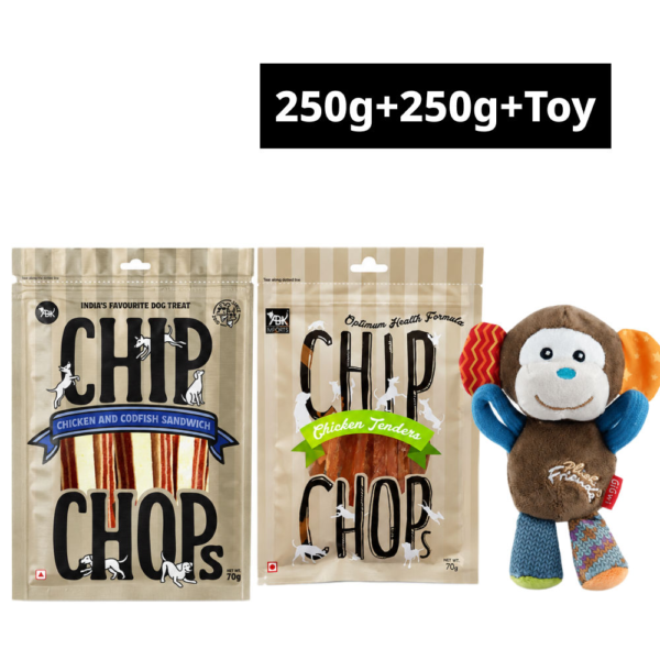 Chip Chops Chicken & Codfish Sandwich and Chicken Tenders with GiGwi Monkey Plush Toy Combo for Dogs