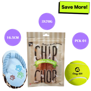 Chip Chops Chicken Tenders Dog Treats, Pet Vogue Blue Sandal Shaped Plush Toy & Goofy Tails Green Sport Tennis Ball Toy Combo for Dogs