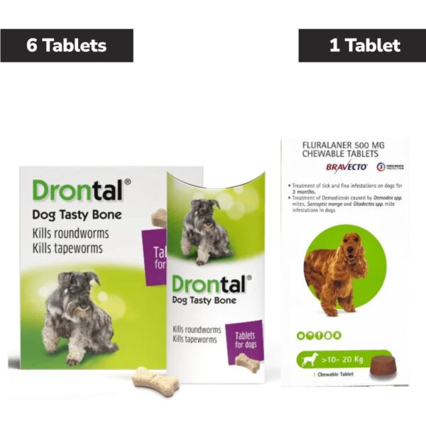 Drontal plus dewormer (6 tablets) + Bravecto (10-20kg) tablet for dogs combo
