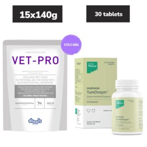 Drools VET PRO Gastro Pet Wet Food for Dogs (15x140g) and Hester Tumonzym Tablet Gastrointestinal Support (pack of 30 Tablets)
