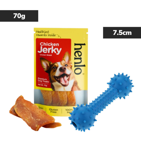 Henlo Chicken Jerky High Protein Treats & Pet Vogue Blue Bone Rubber Chew Toy Dog Combo