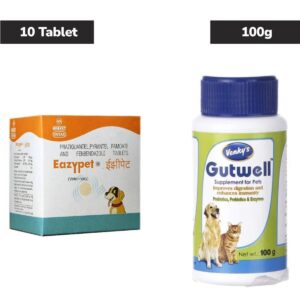Intas Eazypet Deworming Tablet (10 Tabs) and Venkys Gutwell Pre & Probiotic Powder 100g for Dogs & Cats Combo