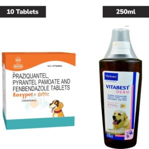Intas Eazypet Dog Deworming Tablet (pack of 10 tablets) and Virbac Vitabest Derm Omega 3+6 Syrup for Dogs & Cats (250ml) Combo