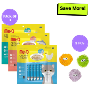 Me O Creamy Chicken & Liver, Salmon and Bonito Treats and Fofos Geek Ball Toy for Cats Combo