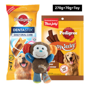 Pedigree Dentastix and Grilled Liver Treats with GiGwi Monkey Plush Toy Combo for Dogs