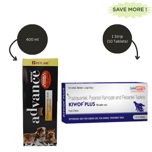 Petcare Nutricoat Advance Omega 3 + 6 Syrup for Dogs and Cats (400ml) And Savavet Kiwof Plus Dog Deworming Tablet (Pack of 10) Combo