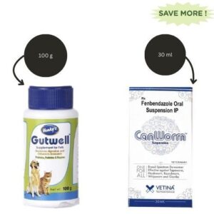 Vetina Canworm (Fenbendazole) Pet Deworming Suspension (30ml) and Venkys Gutwell Pre & Probiotics Gut Health Powder (100g) for Dogs and Cats Combo