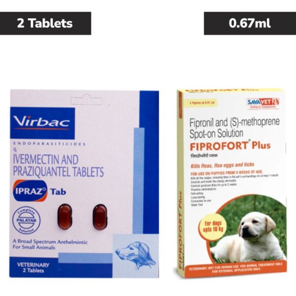 Virbac Ipraz Dewormer Tablets for Dogs (2 tablets) and Savavet Fiprofort Plus (Fipronil) Tick & Flea Control Spot On for Dogs Upto 10kg Combo