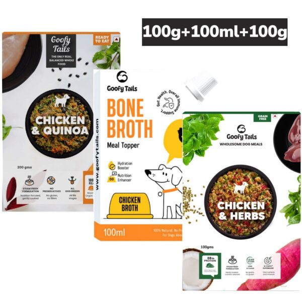 Goofy Tails Chicken & Quinoa and Chicken Bone Broth and Chicken & Herbs Grain Free Combo Dogs and Puppies Fresh Food