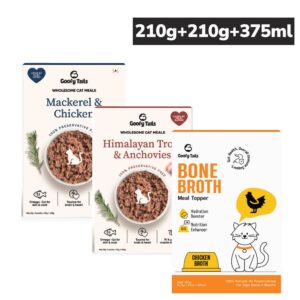 Goofy Tails Mackerel & Chicken and Himalayan Trout & Anchovies Meals and Chicken Bone Broth 100ml Combo for Cats