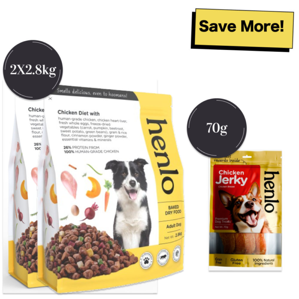 Henlo Chicken & Vegetable Baked Dry Food and Chicken Jerky treats for Dogs Combo