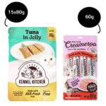 Kennel Kitchen Tuna in Jelly Kitten & Adult Cat Wet Food (All Life Stage) and Creameroo Crab with Mackerel Creamy Cat Treats Combo image 1