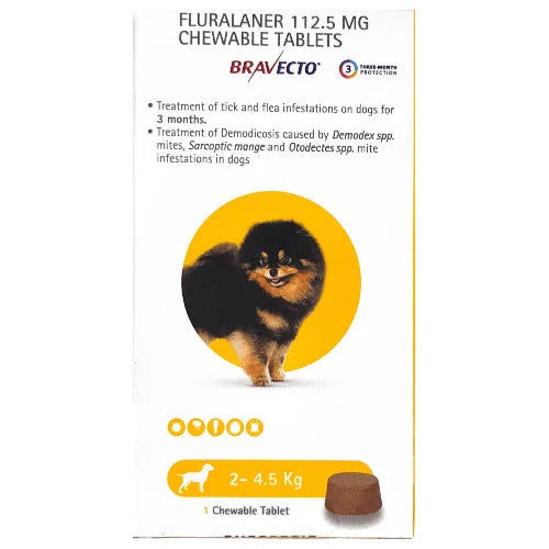 MSD Animal Health Bravecto 112.5 mg (Fluralaner) Dog Tick & Flea Control Tablet (2 to 4.5 kg) (1 tablet)