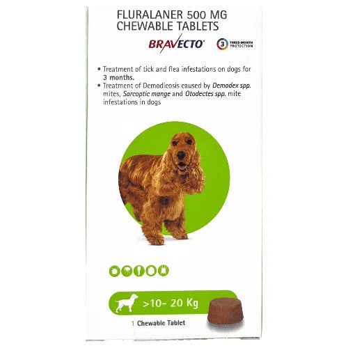 MSD Animal Health Bravecto 500mg (Fluralaner) Dog Tick & Flea Control Tablet (10 to 20 kg) (1 tablet)
