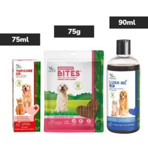 Natural Remedies Lush Me Up Shampoo, Digestive Bites Treats & Topicure Wound Healing Spray Dog Combo