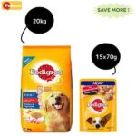 Pedigree Chicken and Vegetables Dry and Chicken and Liver Chunks in Gravy Wet Adult Dog Food Combo image 1