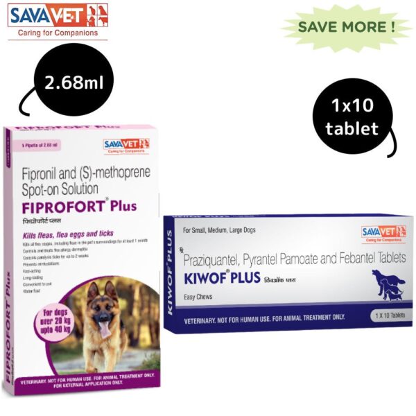 Savavet Kiwof Plus Dog Deworming Tablet (10 tablets) and Fiprofort Plus Tick & Flea Control Spot On for Dogs (20-40kg) Combo