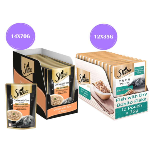 Sheba Chicken With Tuna In Gravy and Fish with Dry Bonito Flake Premium Cat Wet Food Combo