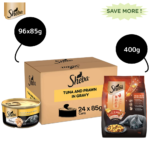 Sheba Tuna Fillet & Whole Prawns in Gravy Premium Cat Wet Food and Chicken Flavour Irresistible All Life Stage Cat Dry Food Combo image 1
