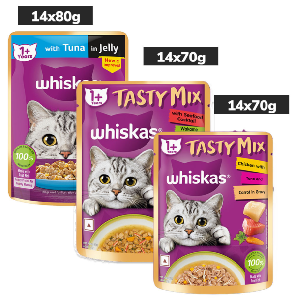 Whiskas Adult Wet Cat Food Combo |Chicken, Tuna & Seafood (Jelly & Gravy)