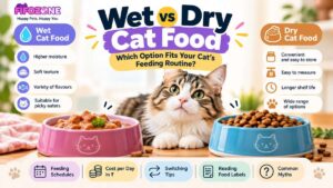 Wet vs dry cat food comparison showing wet food and dry kibble for cats