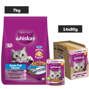 Whiskas Adult Cat Food Combo |Ocean Fish Dry & Salmon in Gravy Wet