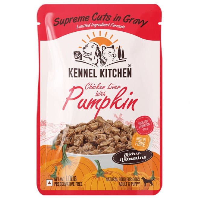 Kennel Kitchen Supreme Cuts in Gravy Chicken Liver Recipe with Pumpkin Dog Wet Food for Adults & Puppies (100g)