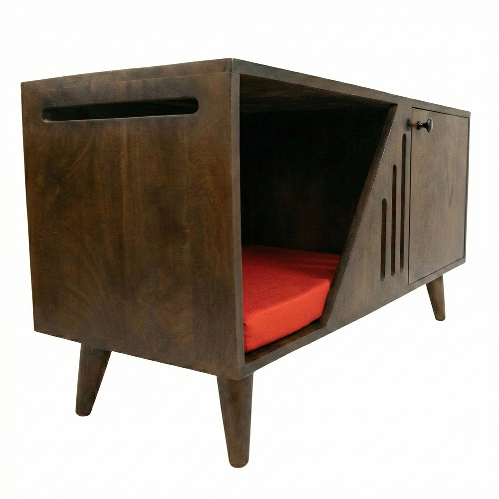 FurryLiving Benji Cabinet with Cushion for Small Dogs and Cats (Dark Brown/Red Cushion) image 3