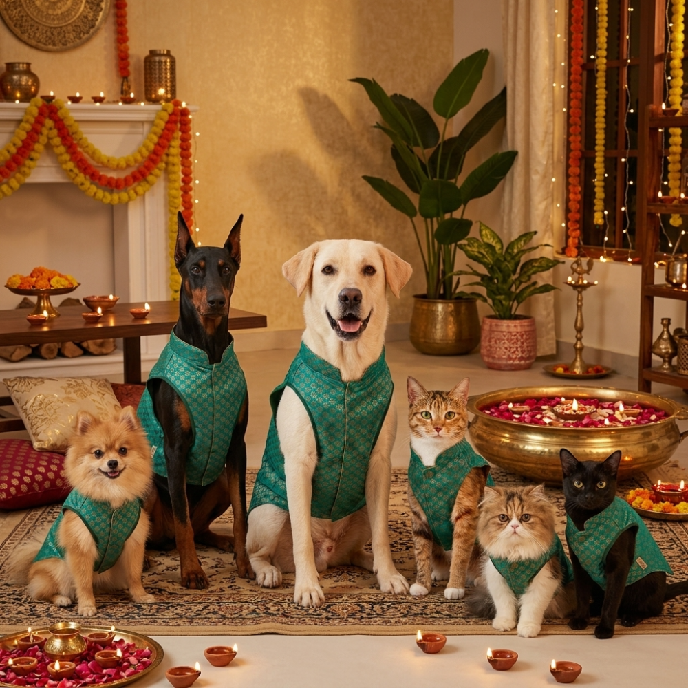 Skatrs Brocade Gold Printed Sherwani for Dogs and Cats (Teal) image 5