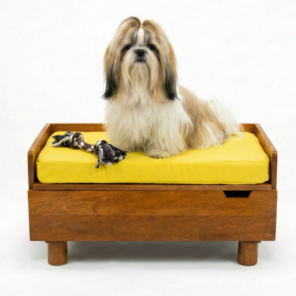 FurryLiving Hibachi Bed with Storage for Dogs (Honey/Yellow Cushion)