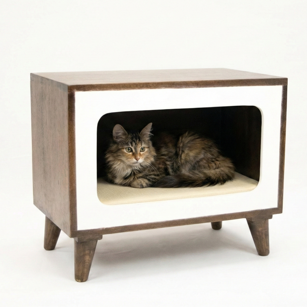 FurryLiving Telly Side Table with Cushion for Small Dogs and Cats (Dark Brown/Cream Cushion) image 2