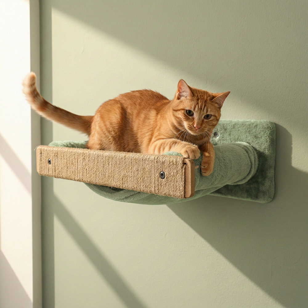 Furrlovers Wall Mounted Perch with Scratching Post & Plush Cushion for Cats (Green)