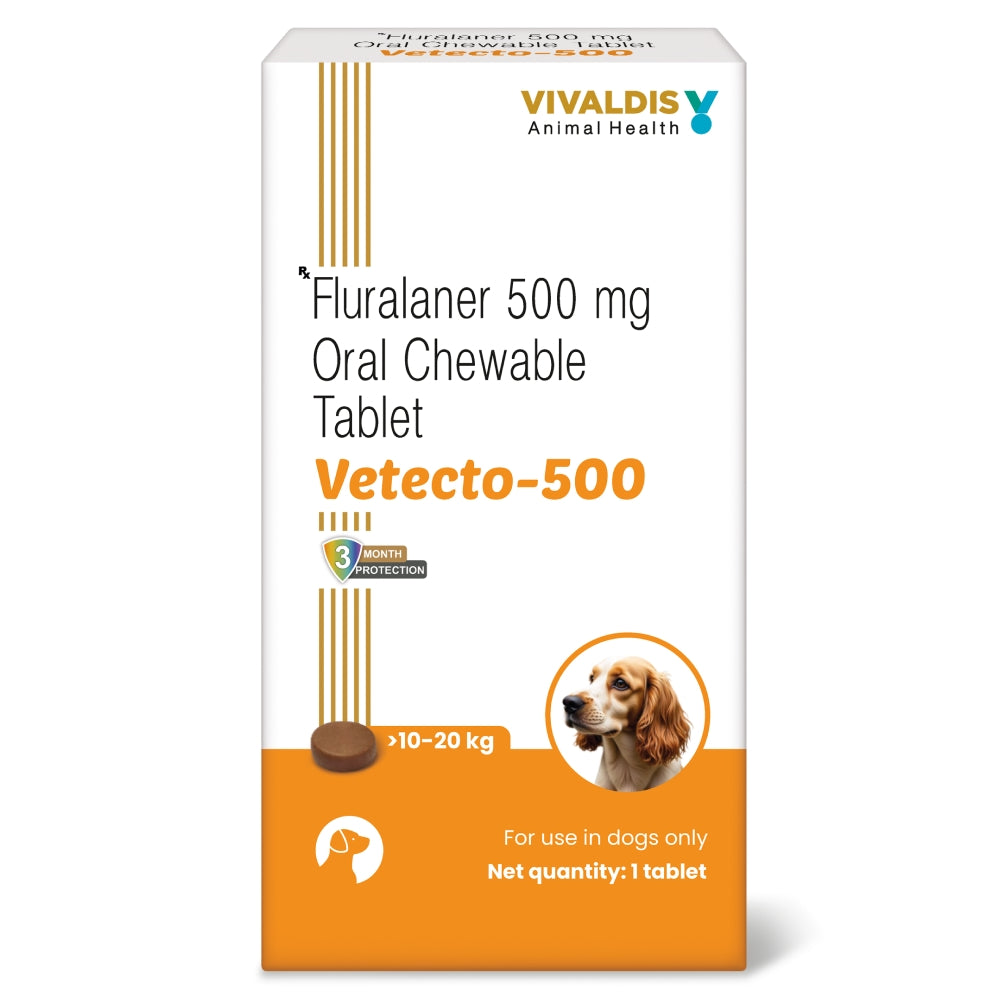 Vivaldis Vetecto 500 (Fluralaner) chewable Tick & Flea tablet for Dogs (10 to 20 kg)