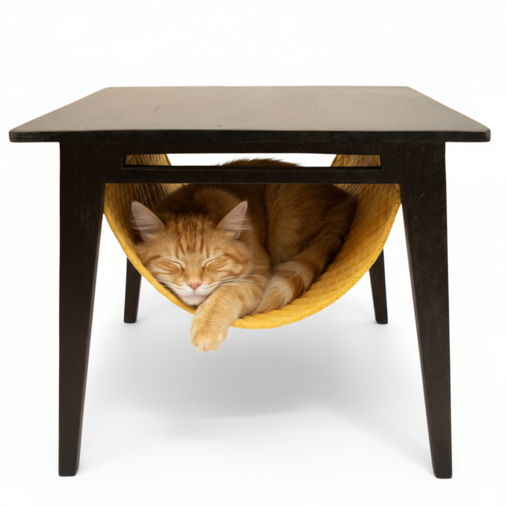 FurryLiving Lola Side Table with Perch Fabric for Cats (Dark Brown/Yellow)