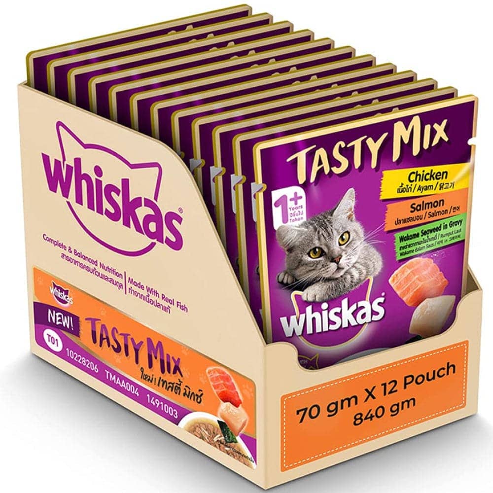 Whiskas Salmon in Gravy Meal and Chicken With Salmon Wakame Seaweed in Gravy Tasty Mix Adult Cat Wet Food Combo image 9