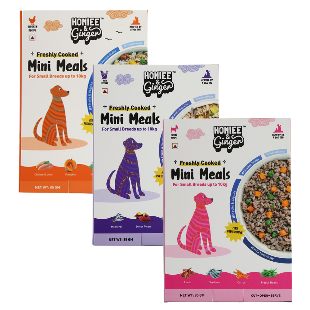 Homiee & Ginger Grain Free Mini Meals Surf & Turf, Fish Feista, Chicken & Barley Food for Dogs Combo