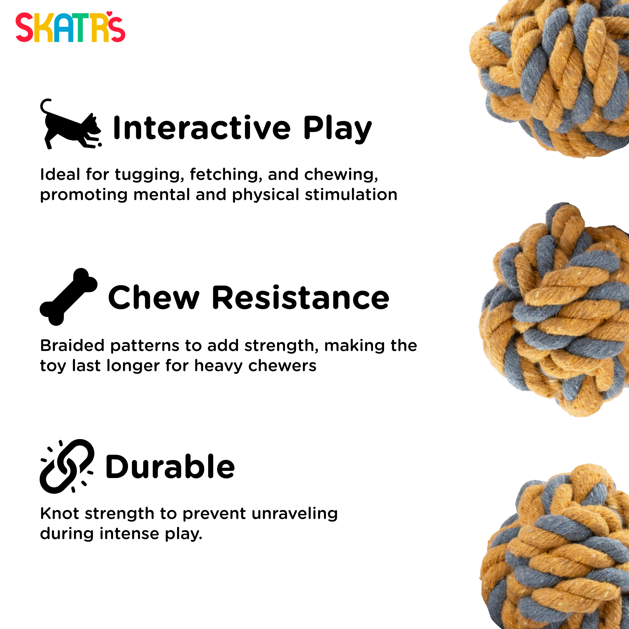 Skatrs Ball Shaped Twisted Rope Chew Toy for Dogs and Cats (Yellow/Grey) image 3