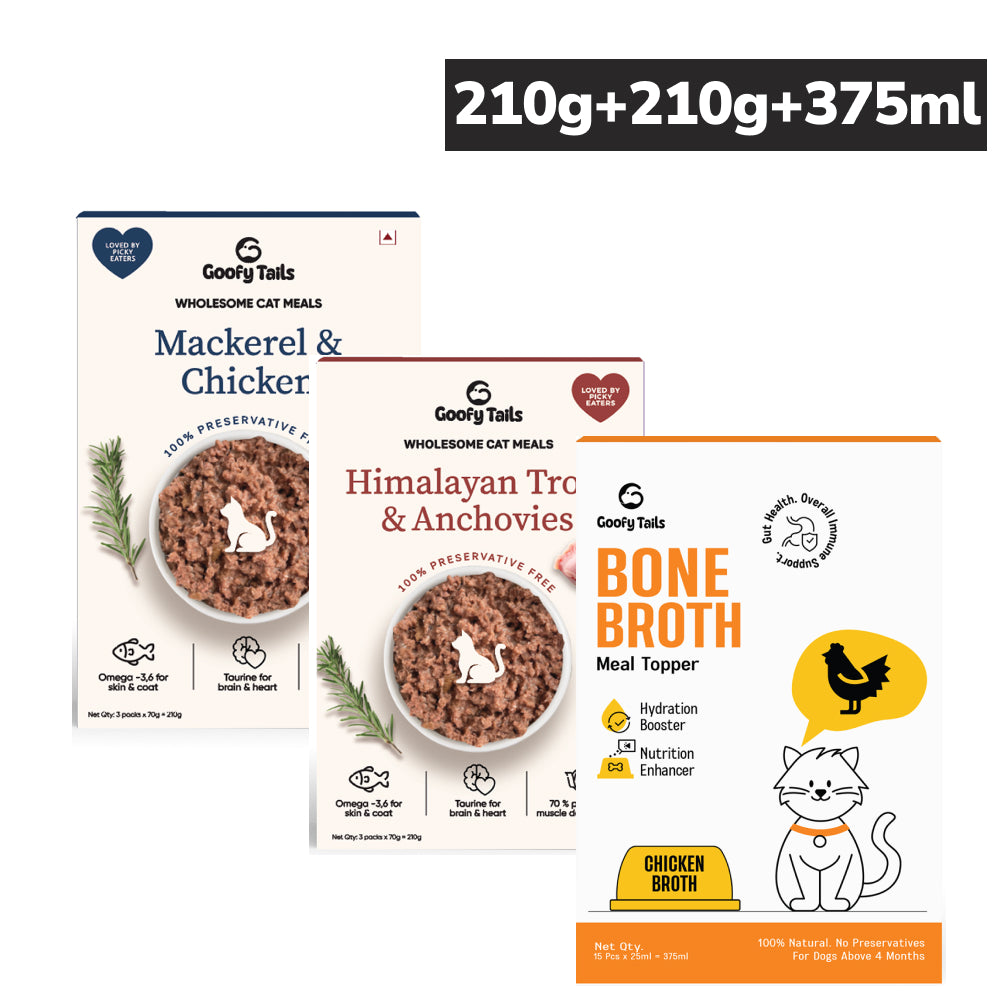 Goofy Tails Mackerel & Chicken and Himalayan Trout & Anchovies Meals and Chicken Bone Broth 375ml Combo for Cats