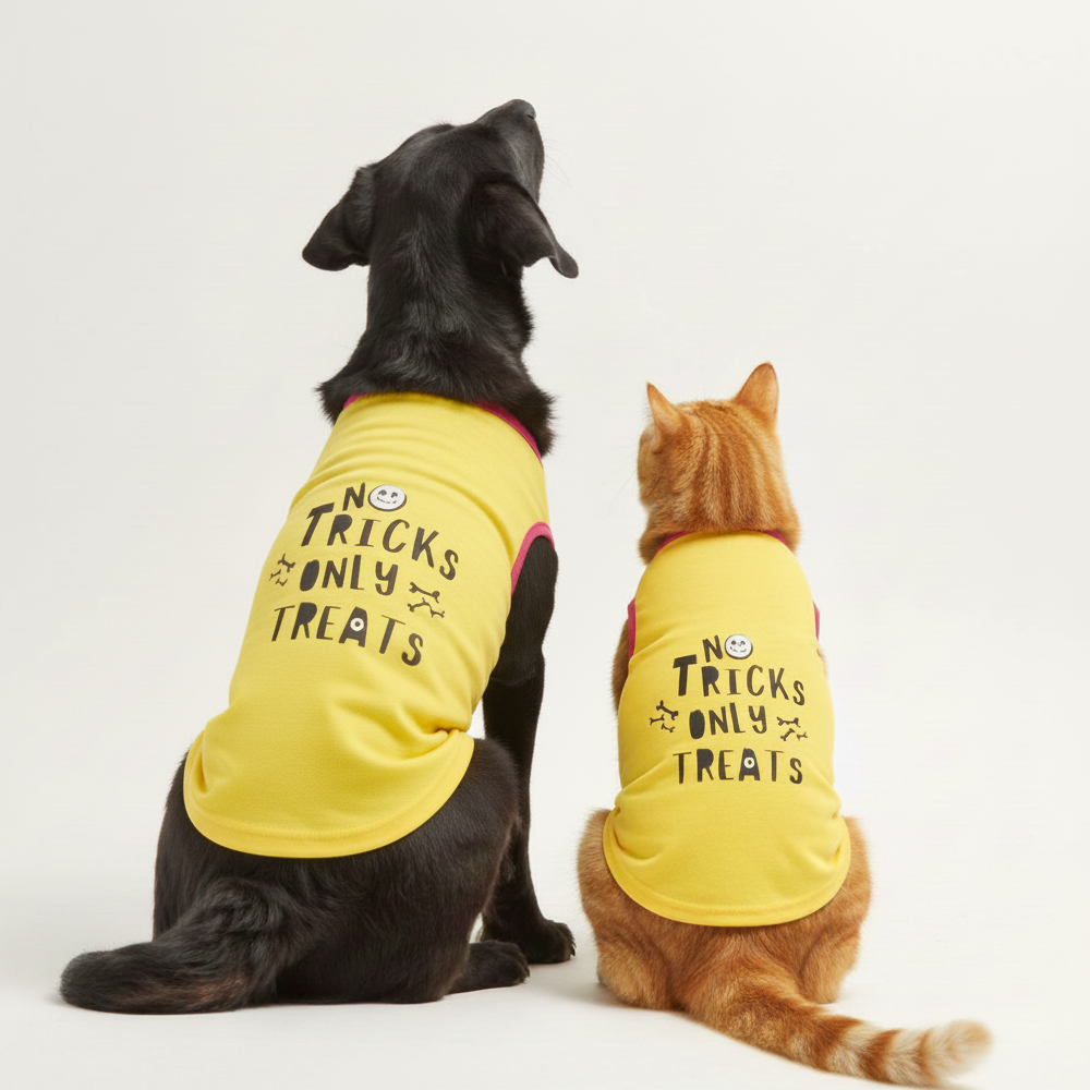 Skatrs No Tricks Only Treats Printed Summer Cotton T Shirt Dogs and Cats (Yellow)
