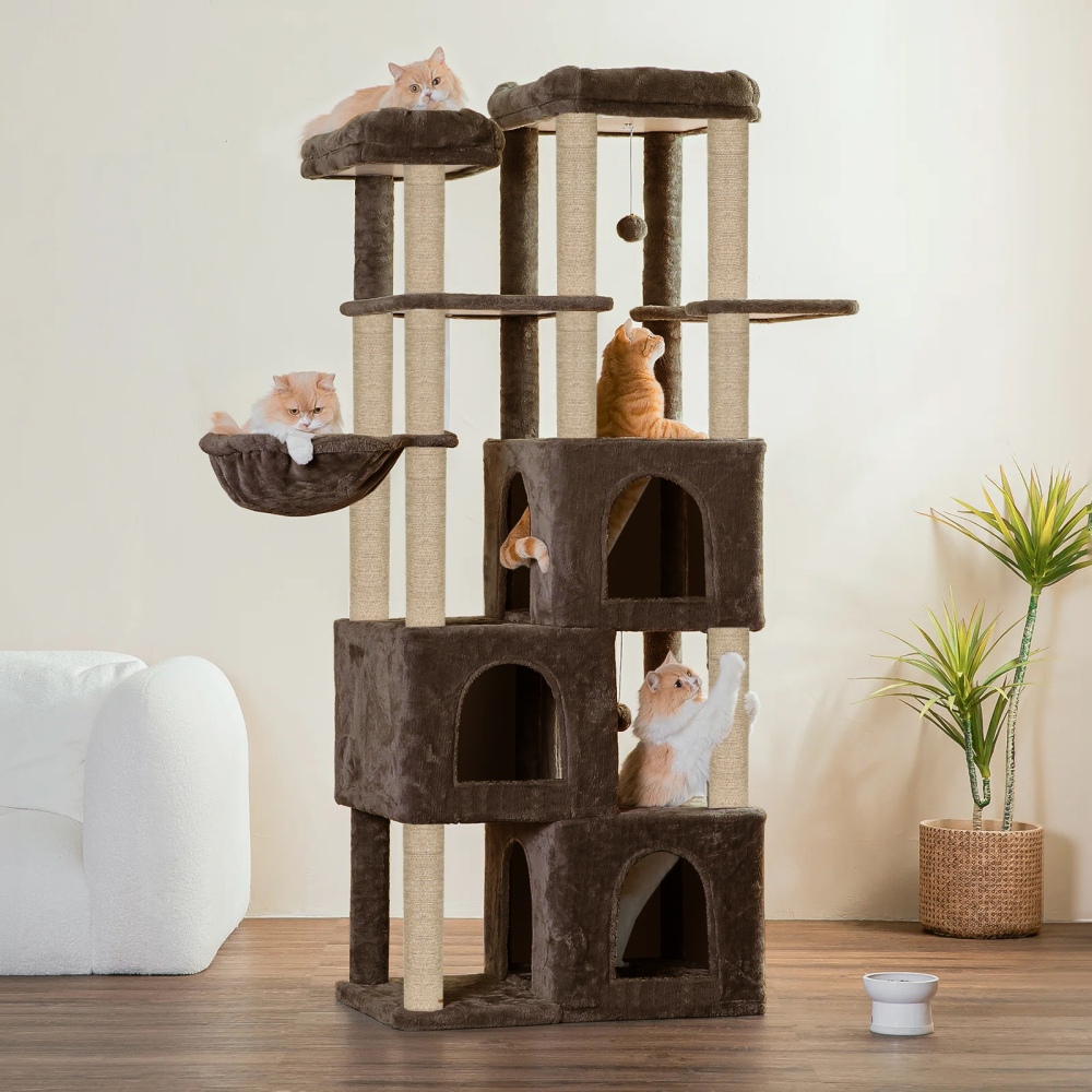 Furrlovers Multilevel Fur Fabric Cat Tree with Condos, Hanging Ball & Jute Rope Scratching Posts (Brown)