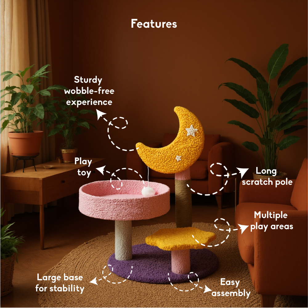FurryLiving Tsuki Moon Themed Cat Tree 3 Tier Cat and Kitten Scratching Post and Hanging Toy for Cats image 3