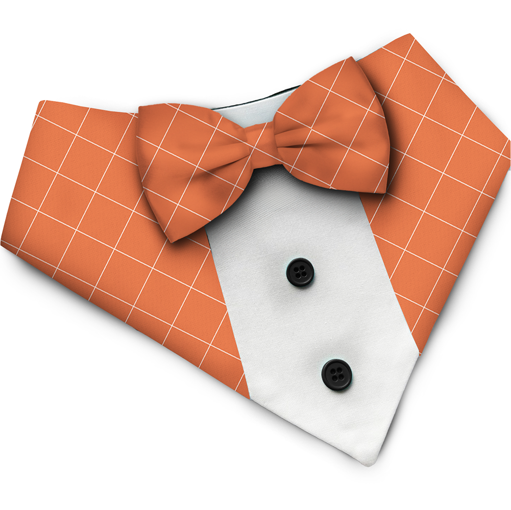 PawsIndia Orange Checks Pattern Tuxedo Bandana with Matching Bow for Dogs and Cats image 1