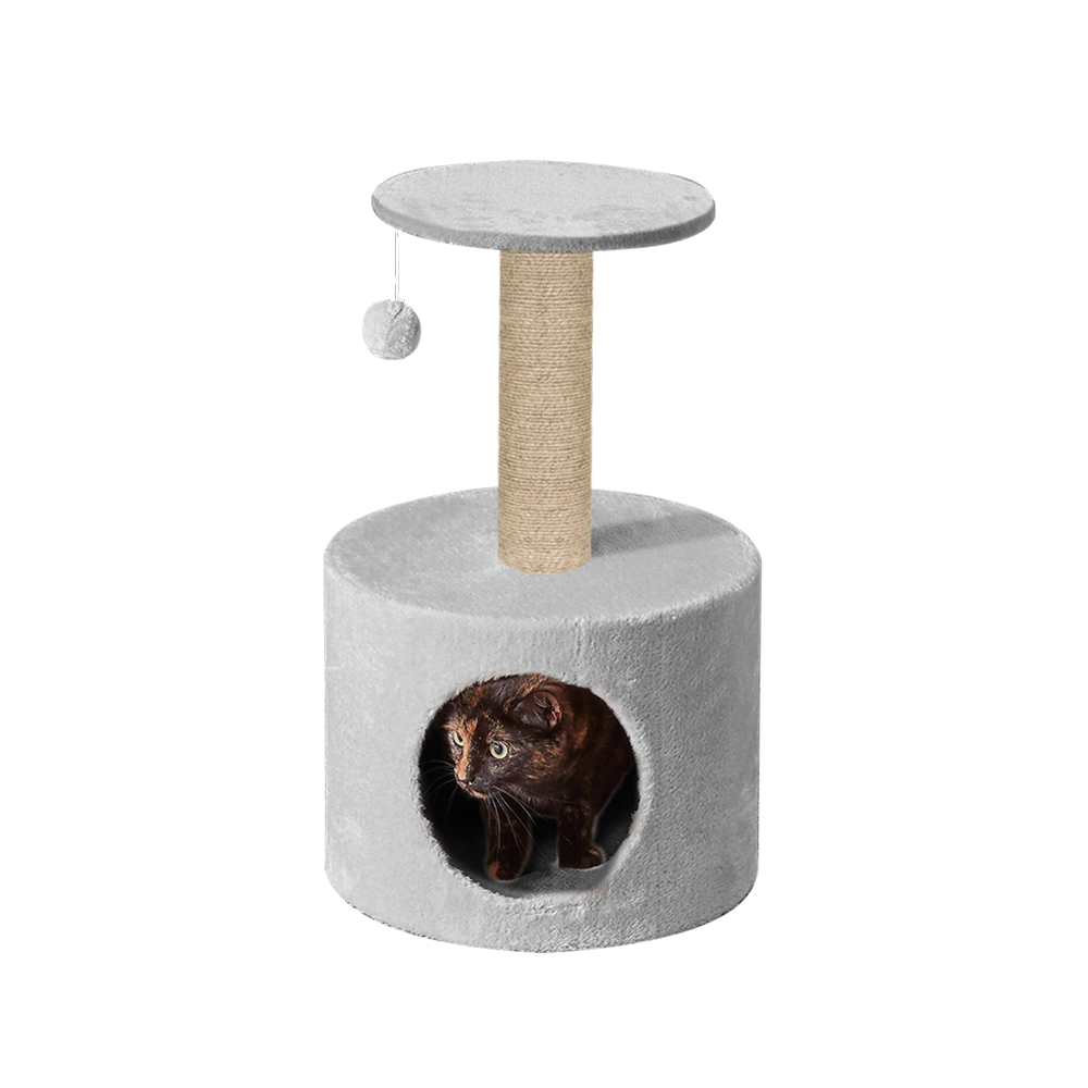 Furrlovers Plush Fur Cat Tree Condo with Jute Rope & Hanging Ball (Grey)