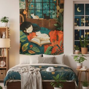 EverythingBoho Girl & Cat Reading Corner Tapestry Wall Art